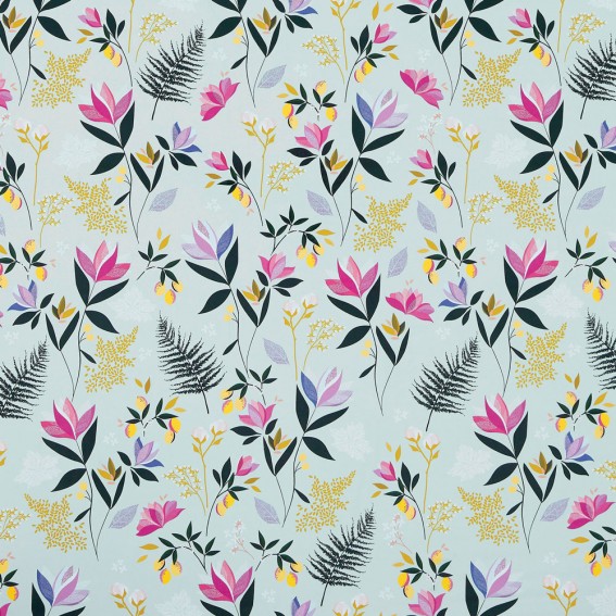 Orchard Floral Duck Egg Sateen Fabric