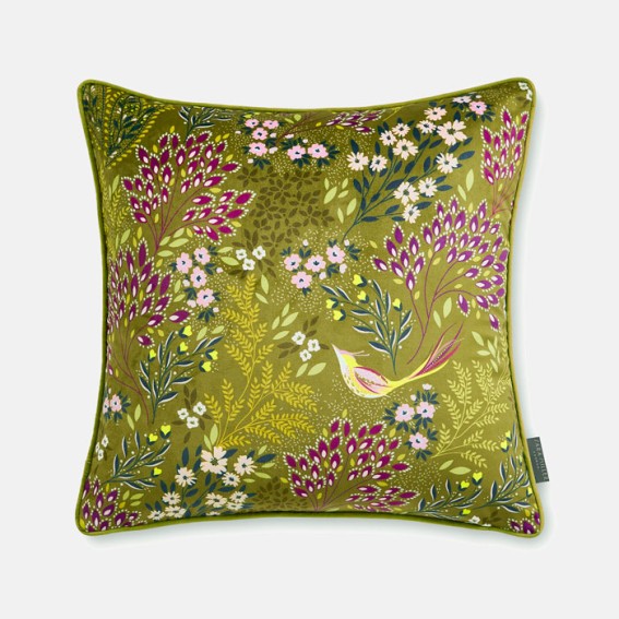 Olive Songbird Velvet Cushion