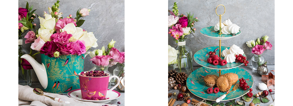 On the left, the Chelsea Collection tea pot featuring our signature Green Birds design. On the right is our three tier cake stand in a lavish afternoon tea setting