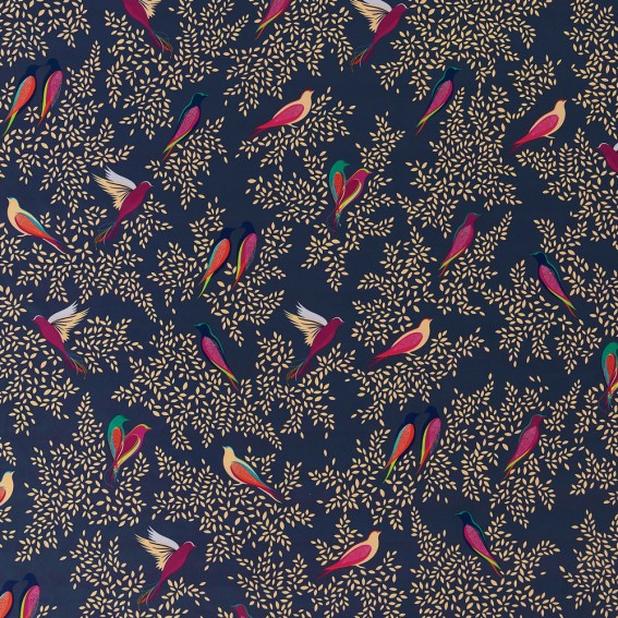 Deep Navy Birds Velvet Fabric