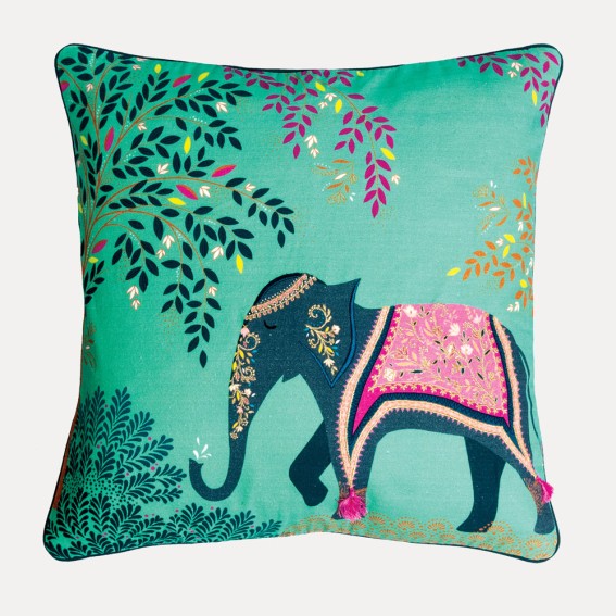 Elephant Oasis Light Jade Embroidered Cushion